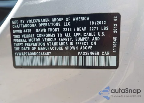 2013 Volkswagen Passat 2.5L S из США, поврежденный, VIN 1VWAP7A30DC045457